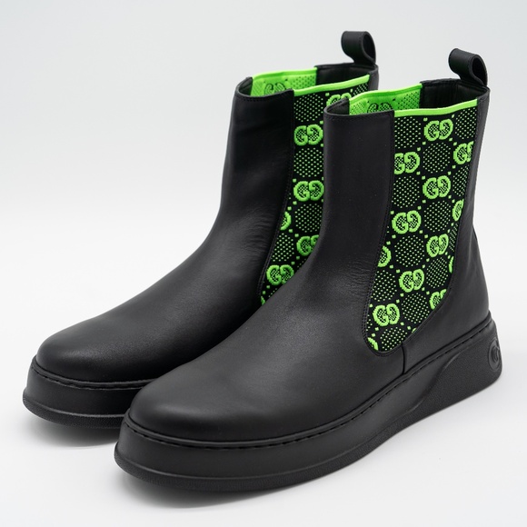 size 13G 13.5 us Gucci Chelsea GG Black Leather Pull On Boots Green - Picture 1 of 13